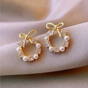 Gold Bow & Pearl Wreath Stud Earrings